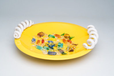A French 'Cr&eacute;ation Mathias' monochrome yellow bowl with spiral handles and a collection of Italian Murano glass sweets, 20th C.