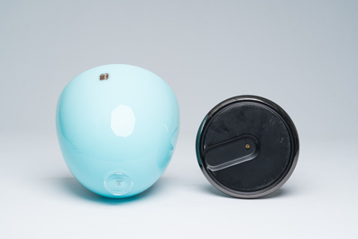 An Italian blue Murano glass fruit bowl on stand, Carlo Moretti, 2000s