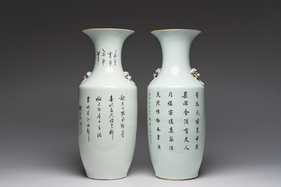 Two Chinese famille rose vases with Lan Caihe and a lady with boys in a palace garden, 19th/20th C.