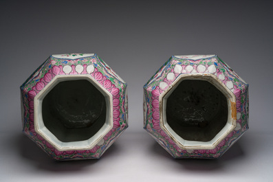 A pair of French Samson famille rose style vases and covers with animated scenes and floral design, Paris, 19th C.