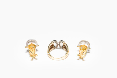 A pair of Cartier style gold earrings and a ring set with diamonds, 20th C.
