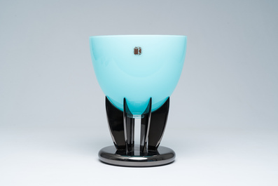 An Italian blue Murano glass fruit bowl on stand, Carlo Moretti, 2000s
