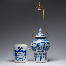 Five blue, white and polychrome Dutch Delft dishes, a lamp-mounted vase and a Brussels faience tobacco jar, 17th/19th C.