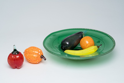 Five pieces of fruit and vegetables in coloured blown glass with a matching bowl, Gunnel Sahlin for Kosta Boda, 1990s