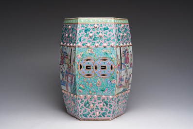 A hexagonal Chinese famille rose garden seat with figural design, 19th C.