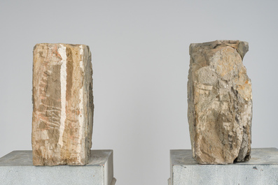 A pair of partly polychromed stone beam supports in the shape of lions holding coats of arms, probably Flanders, 16th/17th C.