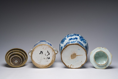 Five blue, white and polychrome Dutch Delft dishes, a lamp-mounted vase and a Brussels faience tobacco jar, 17th/19th C.