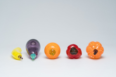 Five pieces of fruit and vegetables in coloured blown glass with a matching bowl, Gunnel Sahlin for Kosta Boda, 1990s