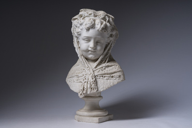 Antonio Argenti (1845-1916): Bust of a girl with a scarf, marble, Milan