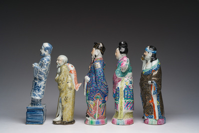 Five Chinese famille rose and blue and white sculptures, 19th/20th C.