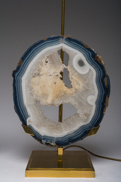 Willy Daro (1918-1990, attributed to): A pair of gilt brass lamps with agate discs