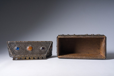 A Gothic Revival parcel-gilt bronze reliquary casket or chasse with glass cabochons, 19th C.