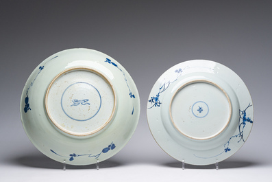 Three Chinese blue and white dishes and one polychrome dish, Kangxi and 19th/20th C.