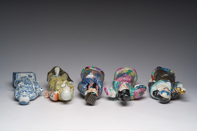 Five Chinese famille rose and blue and white sculptures, 19th/20th C.