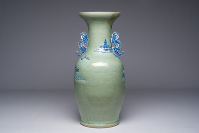 A large Chinese blue and white celadon-ground vase with a battle scene with immortals, 19th C.