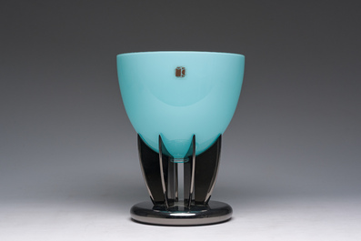 An Italian blue Murano glass fruit bowl on stand, Carlo Moretti, 2000s