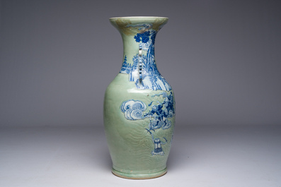 A large Chinese blue and white celadon-ground vase with a battle scene with immortals, 19th C.