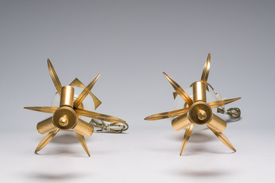 A pair of Belgian white opal glass and gilt brass 'ostrich egg' table lamps, S.A. Boulanger, Anderlecht, 1970s