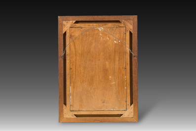 A blue and white Dutch Delft tile mural with Christ on the cross surrounded by the Instruments of the Passion, 19th/20th C.