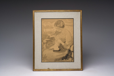 Prosper De Troyer (1880-1961): 'Naaiend meisje', gemengde techniek op papier, gedateerd 1914, en zes lino's, ed. 199/300