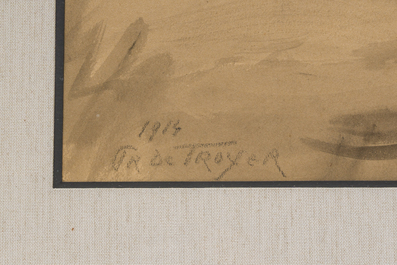 Prosper De Troyer (1880-1961): 'Naaiend meisje', gemengde techniek op papier, gedateerd 1914, en zes lino's, ed. 199/300