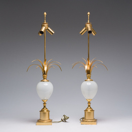 A pair of Belgian white opal glass and gilt brass 'ostrich egg' table lamps, S.A. Boulanger, Anderlecht, 1970s