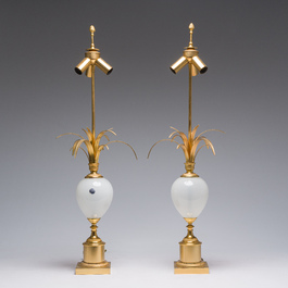 A pair of Belgian white opal glass and gilt brass 'ostrich egg' table lamps, S.A. Boulanger, Anderlecht, 1970s