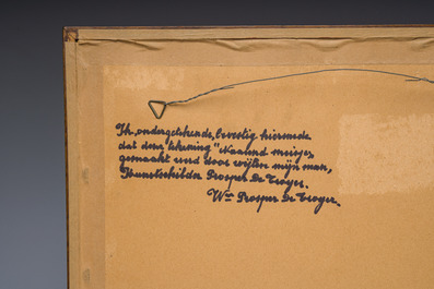 Prosper De Troyer (1880-1961): 'Naaiend meisje', gemengde techniek op papier, gedateerd 1914, en zes lino's, ed. 199/300