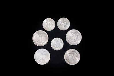 Seven various U.S. silver coins, 1878-1976