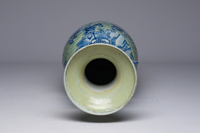A large Chinese blue and white celadon-ground vase with a battle scene with immortals, 19th C.