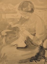 Prosper De Troyer (1880-1961): 'Naaiend meisje', gemengde techniek op papier, gedateerd 1914, en zes lino's, ed. 199/300