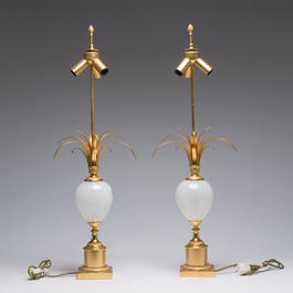 A pair of Belgian white opal glass and gilt brass 'ostrich egg' table lamps, S.A. Boulanger, Anderlecht, 1970s