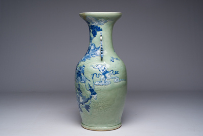 A large Chinese blue and white celadon-ground vase with a battle scene with immortals, 19th C.