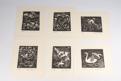 Prosper De Troyer (1880-1961): 'Naaiend meisje', gemengde techniek op papier, gedateerd 1914, en zes lino's, ed. 199/300