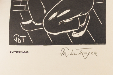 Prosper De Troyer (1880-1961): 'Naaiend meisje', gemengde techniek op papier, gedateerd 1914, en zes lino's, ed. 199/300