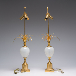 A pair of Belgian white opal glass and gilt brass 'ostrich egg' table lamps, S.A. Boulanger, Anderlecht, 1970s