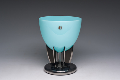 An Italian blue Murano glass fruit bowl on stand, Carlo Moretti, 2000s