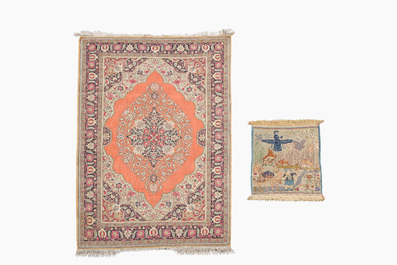 A Persian Qom (Qum/Ghom) silk rug with floral design and a Tabriz rug with animals, 20th C.