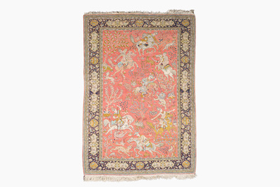 A Persian Qom (Qum/Ghom) silk rug with hunting scenes, 20th C.
