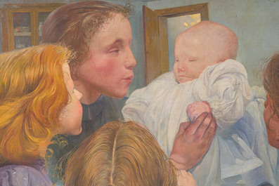 Firmin Baes (1874-1943): 'Sc&egrave;ne familiale', oil on canvas, with dedication, dated 1894