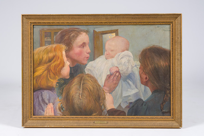 Firmin Baes (1874-1943): 'Sc&egrave;ne familiale', oil on canvas, with dedication, dated 1894