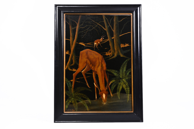 Jules Jambers (1863-?): 'La biche au ruisseau', huile sur board
