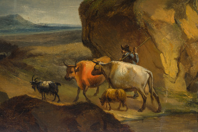 Dutch school: Shepherds with their cattle in a landscape, oil on panel, 19th C.