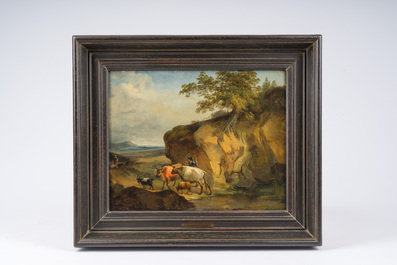 Dutch school: Shepherds with their cattle in a landscape, oil on panel, 19th C.