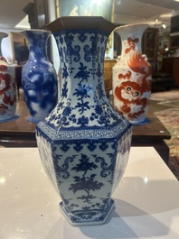 A Chinese blue and white hexagonal 'sanduo' vase, Qianlong mark and of the period