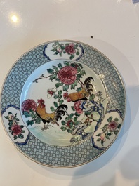 A Chinese famille rose 'roosters' plate, Yongzheng