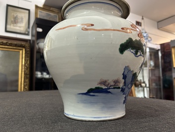 A Chinese wucai 'narrative subject' vase and cover, Wanli mark, 19th C.