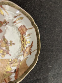 A Chinese iron-red and gilt 'Sanguozhi yanyi' cup and saucer, Yongzheng