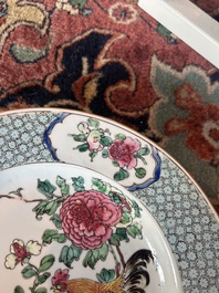 A Chinese famille rose 'roosters' plate, Yongzheng
