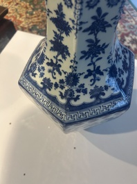 A Chinese blue and white hexagonal 'sanduo' vase, Qianlong mark and of the period